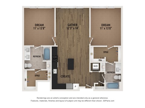 Floor plan for 2 beds, 2 baths, 1028 sqft